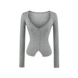 Lyselle V-Neck Button Long-Sleeved T-Shirt Girl Summer Slimming Pure Sexny Chest Bottom Top