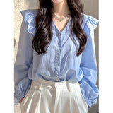 This Year's Popular Beautiful Shirt Light Luxury French Small Niche Beautiful Blue Long-Sleeved Shirt Women's Early Autumn Elegant