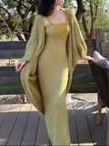 Great-Looking Gentle Wind Early Autumn Wear A Set Of Women's Lazy Knitted Shirt To Close The Waist Sling Dress Set