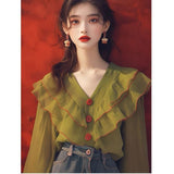 French Green Lotus Leaf-Side Shirt Women's Autumn 2025 New Niche Long-Sleeved Shirt V-Neck Top Temperament Elegant