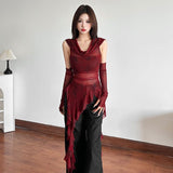 Korean New Halloween Cos Red Collar Hooded T-Shirt Girl Leaves Side Irregular With Cuffs Thin Top