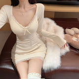 Small Horn Sleeve Design Lace Side Long-Sleeved Dress Spring And Autumn Sexy Tight Body Body Ass Short Skirt
