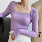 Purple Sexy Shoulder-To-Bottom Shirt Long Sleeve Low Collar Collar Collar Temperament Blouse Female Tightness Apparent Body Comfortable