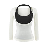 Korean Hottie Hanging Neck With Chest Pad Black Chest Vest Folded Low-Neck Long-Sleeved T-Shirt Two Sets Of Women