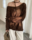 2026 Early Autumn New Oblique Open Shoulder Tie With Hollow Knitted Shirt Girl Lazy Temperament Loose Thin Sweater Hoodie