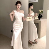 2025 Hottie Temperament Slimy French Sleeveless Sleeveless White Dress Women's Summer Bag Hip Fishtail Dress