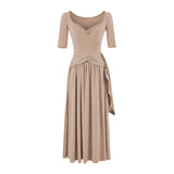 French Temperament Kinesiky Mid-Sleeve Dress Women Summer Waist Splicing Design Pure Luster Collar Ribbon Long Skirt