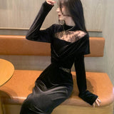 Black Velvet Dress Women Autumn 2025 New French Lace Splicing High-End Banquet Small Dress Dress