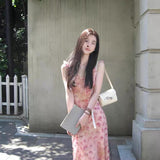 French Pink Floral Sling Dress Women's Summer 2025 New Small Temperament To Collect Waist Holiday Dress