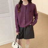 Autumn Knitted Top Casual Slimming Single Row Multi-Buckle Fashion Fake Pocket Knitted Long-Sleeved Shirt Woman