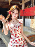 French Holiday Wind Red Small Flying Sleeves Shredded Flower Dress Women Summer Small Man To Collect Waist Thin Beach Short Skirt
