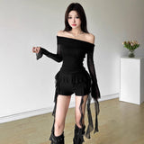 2025 Sweet Spicy Sister Wind Lotus Leaf Side Splicing A Word Shoulder Long-Sleeved T-Shirt Girl Slimmed Hottie Autumn Dress