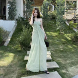 Pure Wind Hanging Neck Strap With Bra Dress Women's Holiday Atmosphere Green Mesh Dress Waist Temperament Long Dress