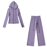 Relaxing Deheder Red Sports Set Long Sleeved Hooded Zippered Coat Lazy Loose Drawn Legs