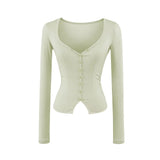 Lyselle V-Neck Button Long-Sleeved T-Shirt Girl Summer Slimming Pure Sexny Chest Bottom Top