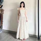 French Style Neck Rice White Girly Dress Women's New Thin Fairy Wave Wave Long Dress