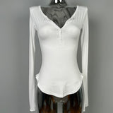 V-Neck Long Sleeve Half-Open Collar U-Shaped Hem To Close Waist Tight Thin Top Lady South Korea's New Sexy Thin Model Micro-Permeable Spring