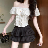 One-Word Shoulder Lotus Leaf Side French Shirt 2026 Short-Sleeved New Women's Summer Pure Sweet Hot Girl Small Top Chic