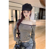 Spice Girls Striped Strapped With Bare Back U-Neck T-Shirt Women's Autumn Body-Repair Shirt Pure Long-Sleeved Top