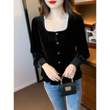 Fat Mm Autumn Blouse French Style Collar Long Sleeve Gold Velvet Shirt Female Lace Splicing Meat Cover Shirt Temperament Elegant