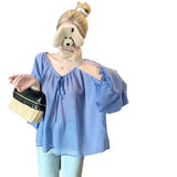 Lazy Shoulder-Wave Point With Shirts For Women's Summer Thin Loose Long-Sleeved Shirt Pure Want Niche