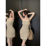 Spice Girls Striped Knitted Dresses Women's Summer New Vintage Recealed Skinny Baggup Dress A Short Dress