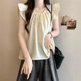 Dopamine Crane In Blue Design Small Flying Sleeve Shirt Women Summer Loose Bow Doll Shirt Beauty Top