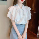 2025 New Ocean Temperament White Short-Sleeved Chiffon Shirt Women Summer Dress Side Tops Fashion Yang Women