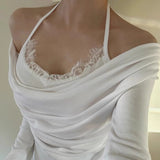 South Korea's New Spring Lace Pure Desire To Hang Neck Two Collar Blouse Temperament Thin Long Sleeve T-Shirt Girlins