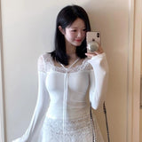 Spring And Summer New Temperament Lace Splicing V-Neck Top Pure Desire To Repair The Body Long Sleeves And Bottom Shirt T-Shirts For Women