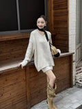 Large-Size Gray Knitted Set Of Women's Autumn And Winter New Korean Version Of Loose V-Neck Sweater High-Waisted Half Skirt Two-Set