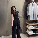 Slimny Slim Irregular Small Sleeve T-Shirt Drags Casual Pants Women 2025 Summer New Fashion Set