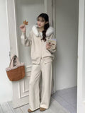 Autumn And Winter With A Set Of Women's Fur Collar Loose Collar Knitted Jersey Jacket High Waist Broad Leg Pants Two Sets