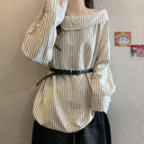 2026 New Chic Temperament One-Word Collared Fashion Stripe Early Autumn Long-Sleeved Shirt With Waistband