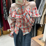 Pure Lotus Leaf Side Collar Plaid Shirt Long-Sleeved T-Shirt Girl Spring Autumn Short Hottie Shirt