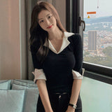 Spring And Summer New Temperament V-Neck Open Forked Seven-Sleeve Shirt Blouse Han T-Shirt To Show Body Bottom T-Shirt Girl