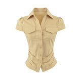 Korean Retro Polo Collar Throum Thin Plaid Shirt Short Temperament Casual Chic Hot Girl Dress Woman