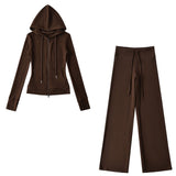 Relaxing Deheder Red Sports Set Long Sleeved Hooded Zippered Coat Lazy Loose Drawn Legs