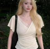 Pure Lust Lace Splicing Short-Sleeved T-Shirt For Girls Summer New Small Flying Sleeves To Repair The Body Of The Hot Girl
