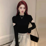 Half-High Collar Hollow Hottie Long-Sleeved T-Shirt Girl Spring And Autumn Pure Simple Shirt Inside The Bottom Shirt
