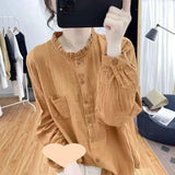 Pure Cotton Long-Sleeved Shirt Women 2025 Spring And Autumn Solid Color Retro Loose Fashion Thin Set Shirt Wear