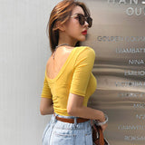 Bright Yellow Double U-Neck Short-Sleeved T-Shirt Women's Five-Point Sleeve Sleeve Top Temperament Tight Body Stature