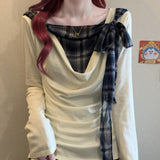Spring And Autumn Pure Want To Fake Two Lattice Hot Girl Long-Sleeved T-Shirt Girl Autumn Bottom Shirt Tie Inside The Shoulder Jacket