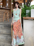 Seaside Holiday Style Suit Unique To The Folded Vest Women Summer Vintage Tie-Dye Skirt Skirt Two-Piece