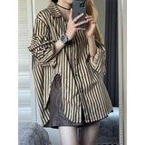 Striped Open Fork Shirt Women Spring And Autumn 2025 New Loose Shirt Niche Coat Shirt Female Design Sense