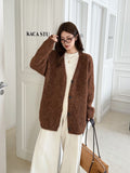Purple V-Neck Knitted Cardigan Women's Autumn And Winter Han Ling Dress With A Lazy Wind Relaxes The Feeling Of Loose Long-Sleeved Sweater Coat