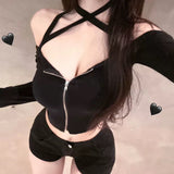 Autumn New Pure Desire To Tie Low Chest Tight Shoulder Dress Korean Short-Sleeved Open Shirt T-Shirts