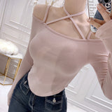 Two-´© Design-Sensitive Slings With T-Shirt Inclined Hem Irregular T-Shirt Tighten Thin Long Sleeve Collar
