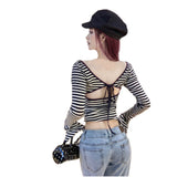 Spice Girls Striped Strapped With Bare Back U-Neck T-Shirt Women's Autumn Body-Repair Shirt Pure Long-Sleeved Top