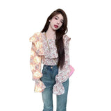 Super Good-Looking Lotus Leaf Side Chiffon High-Waist Long-Sleeved Broken Flower Shirt Women Spring And Summer Single Special Beautiful Short Top